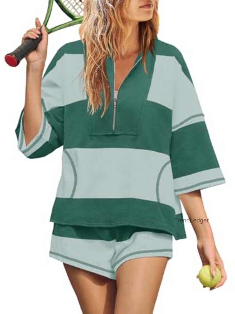 Women's Striped Two Piece Lounge Set Oversized Short Sleeve Shorts Workout